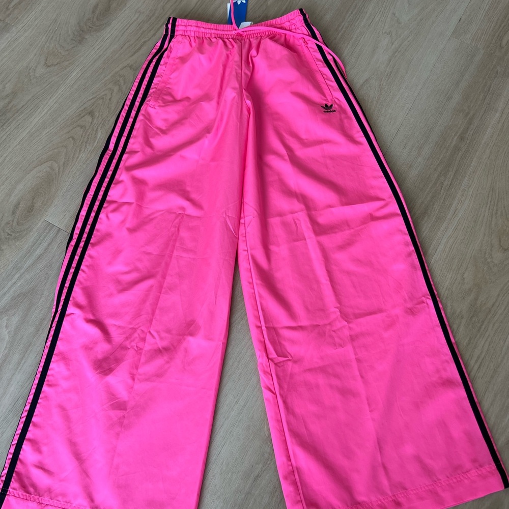 adidas Neon Pink Wide-Leg Track Pants with Black Stripes